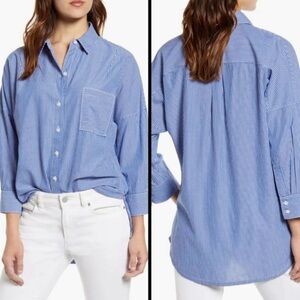 Tommy Bahama Women's Breezy Bliss Stripe Button Down Shirt Size Large Blue White